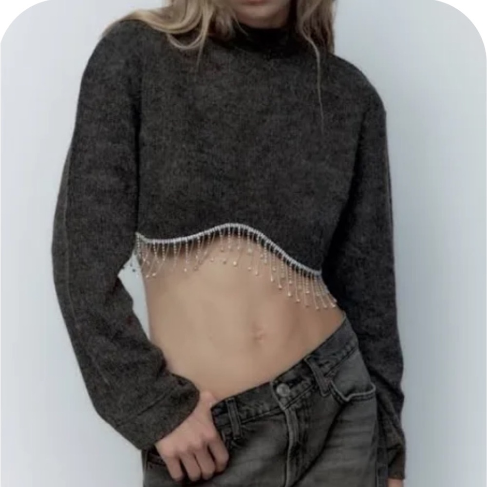 Zara Crop Top Sweater with Beaded Hem